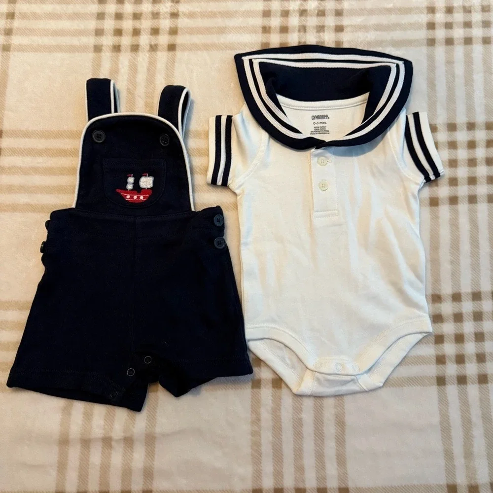 Gymboree Baby Boy 3pc Nautical Sailor Set Overalls Bodysuit Hoodie 0-3M NWT